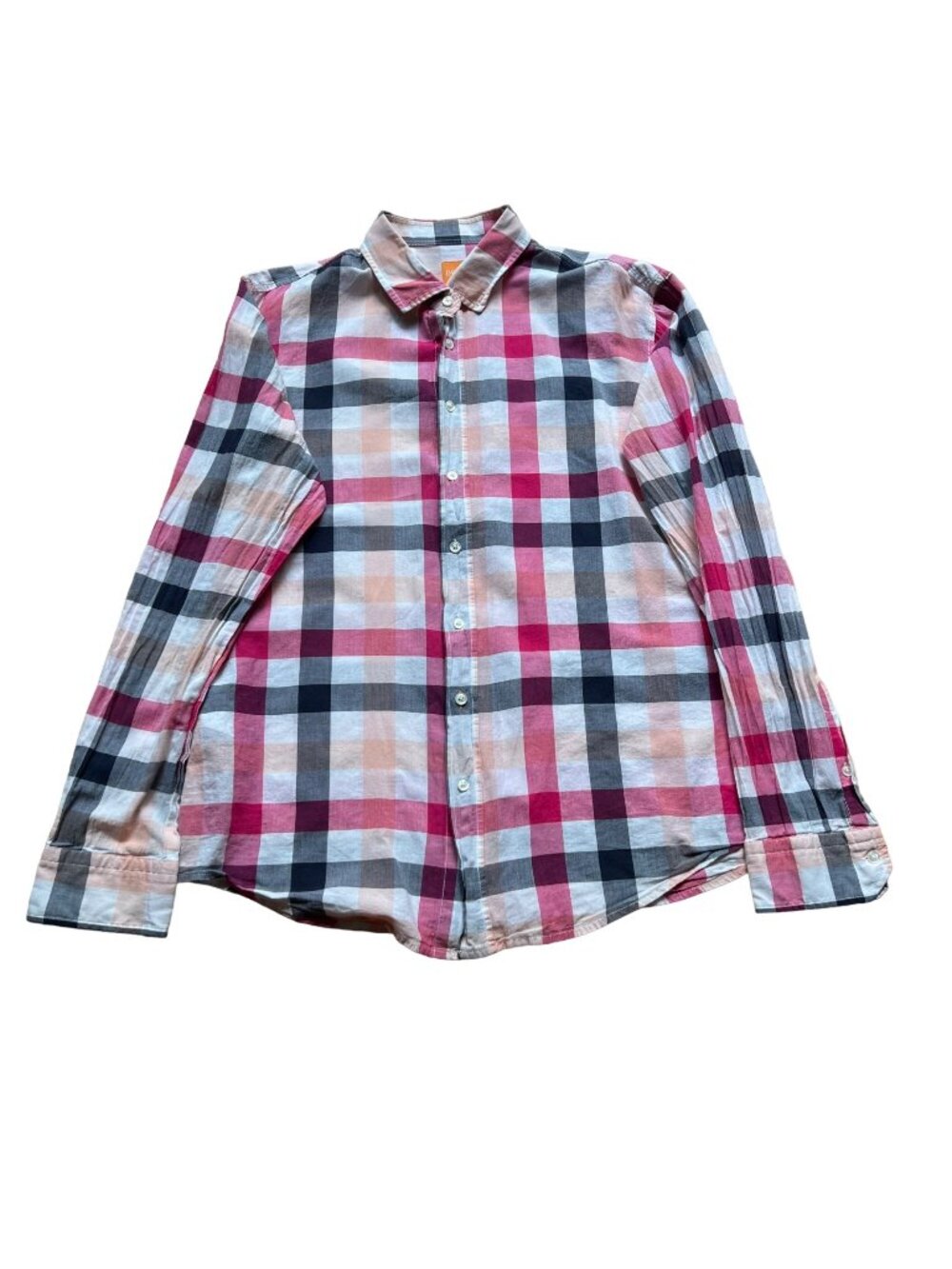 Hugo Boss Size XL Gray White Pink Orange Plaid Cotton Slim Fit Button-Up Shirt
